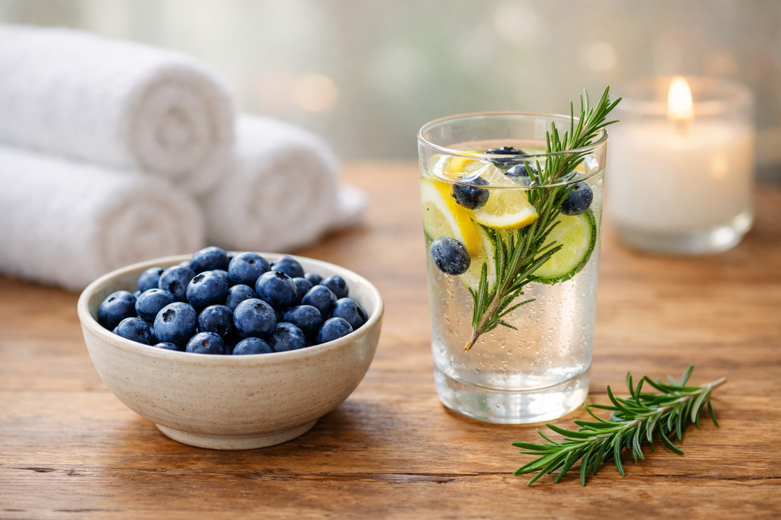 A peaceful wellness setting featuring anti-inflammatory foods and a massage table in a sunlit room.