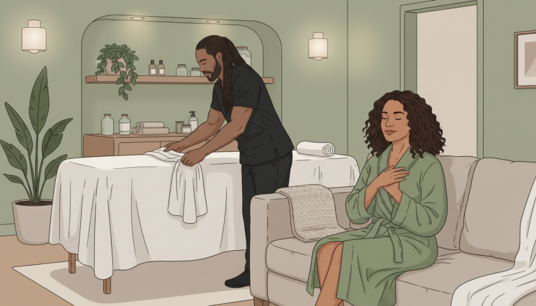 Professional male massage therapist with locs preparing a home massage setup for a client in Royal Palm Beach.
