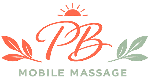 Logo for PB Mobile Massage featuring coral script 'PB' initials under a rising sun icon, flanked by sage green and coral botanical leaves with 'MOBILE MASSAGE' text below.