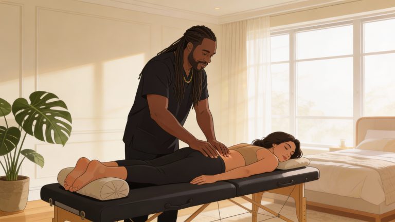 A woman receiving a targeted lower back massage from a professional therapist in her home.
