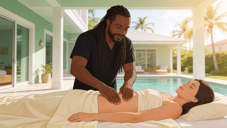 Professional massage therapist Dinyero Milligan performing lymphatic drainage massage for post-op recovery.