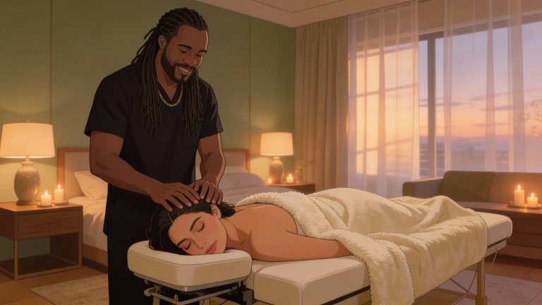 A woman practicing self-care with an in-home massage from a professional therapist in a calming bedroom setting.