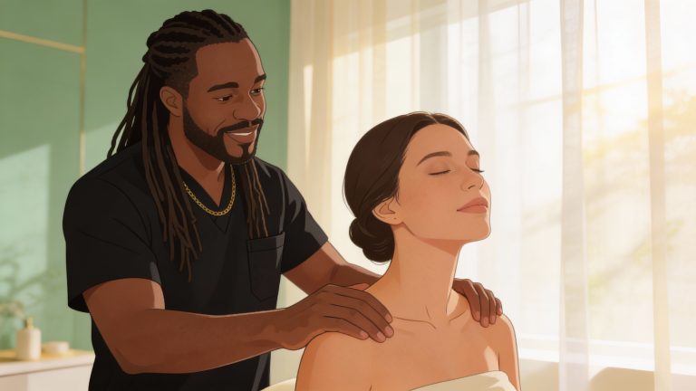 A professional male massage therapist with locs providing a relaxing home massage to a woman in Royal Palm Beach.