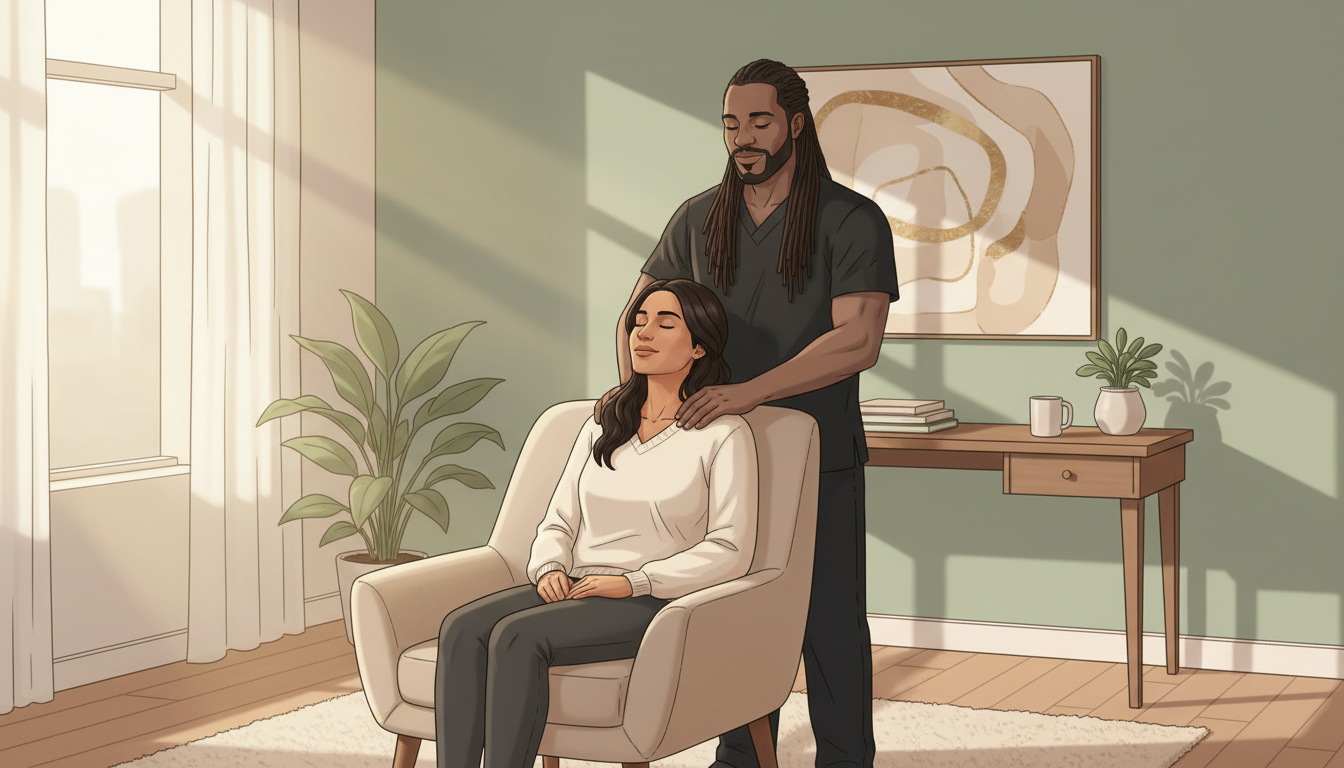 A professional Black male massage therapist with locs providing neck pain relief to a woman in her Royal Palm Beach home.