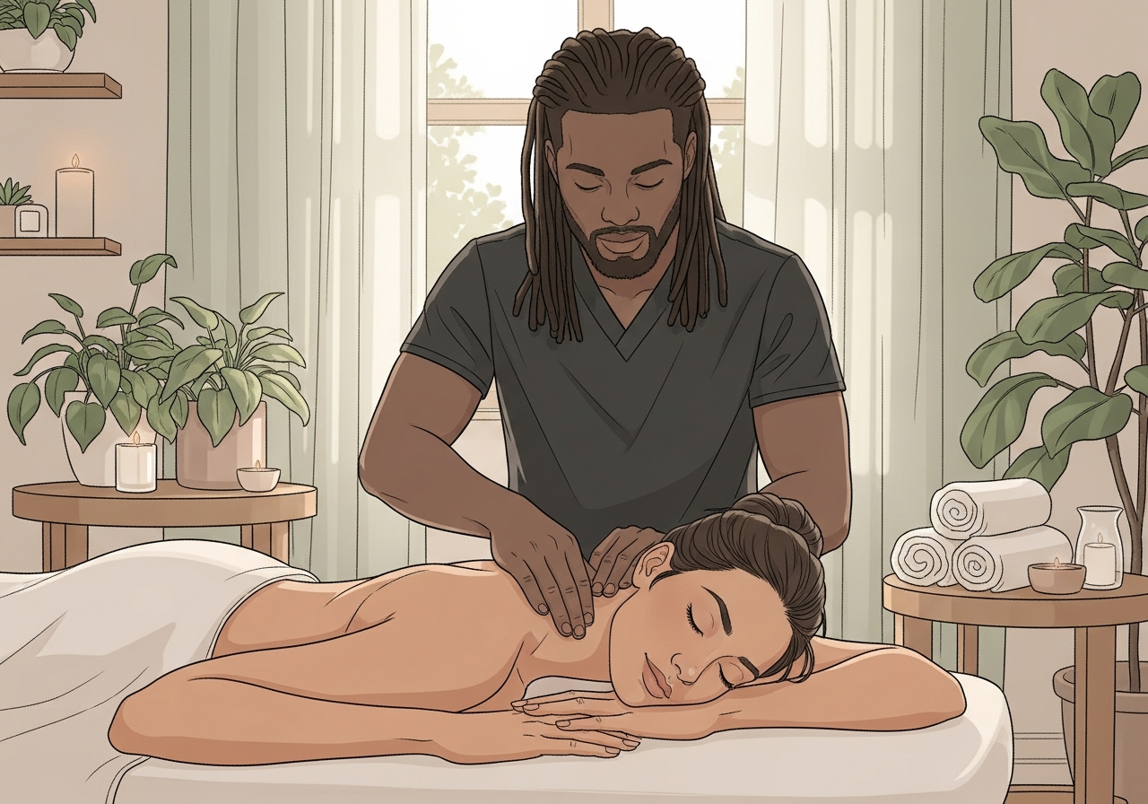 Professional massage therapist performing therapeutic neck and shoulder massage on woman client in peaceful home spa setting to relieve tension headaches and migraines.