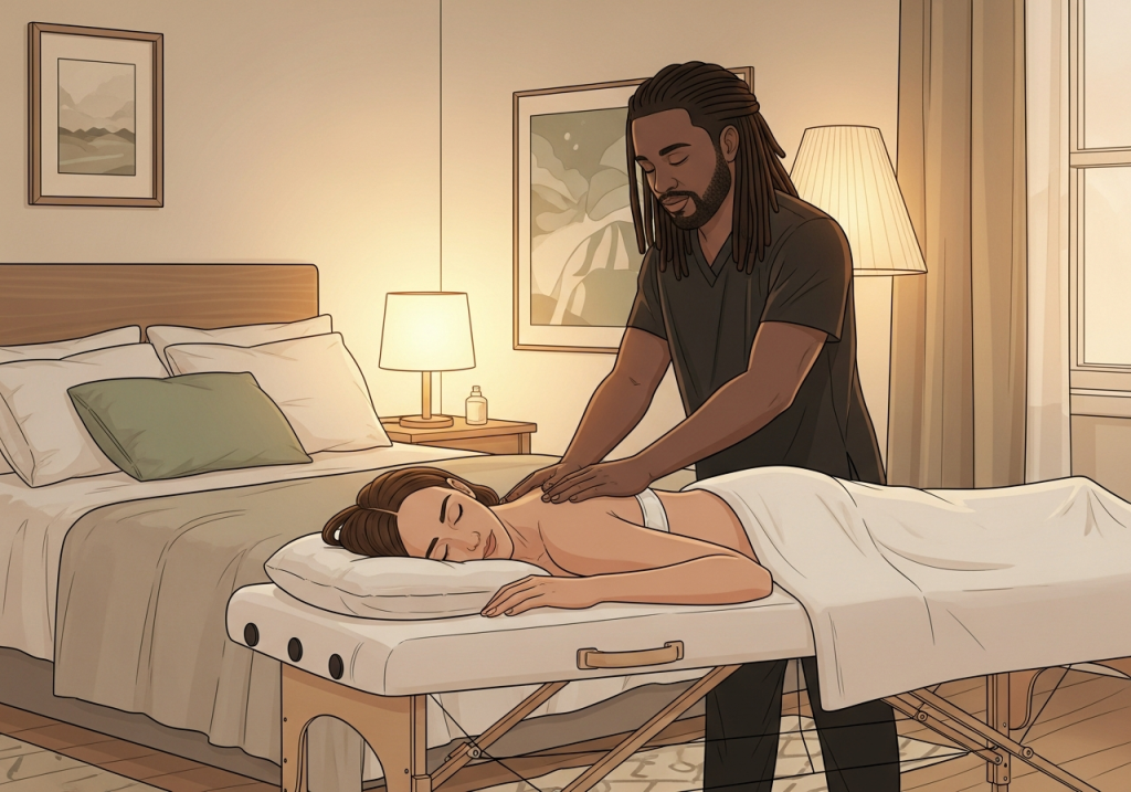 Professional massage therapist giving relaxing back massage to woman in cozy bedroom setting for better sleep hygiene in Palm Beach.