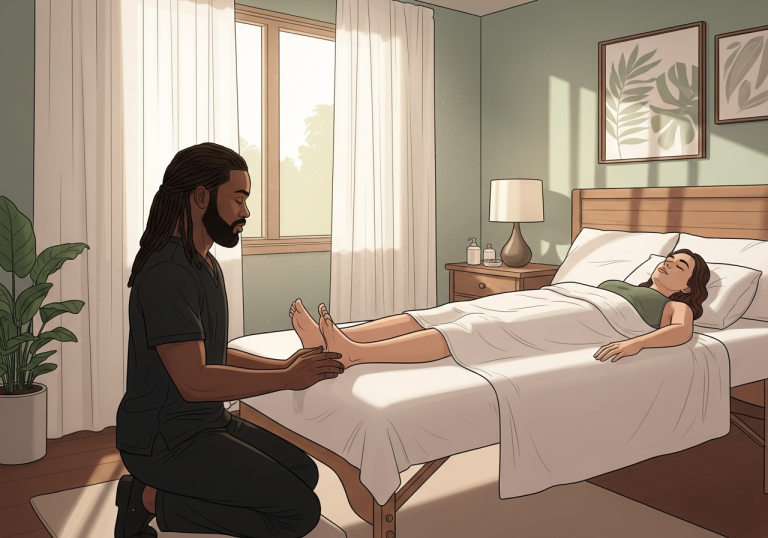 Professional massage therapist performing therapeutic foot massage and reflexology on woman client in a peaceful bedroom home spa setting