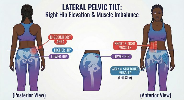 Illustration of lateral pelvic tilt in a woman and a Black male massage therapist with locs providing relief.