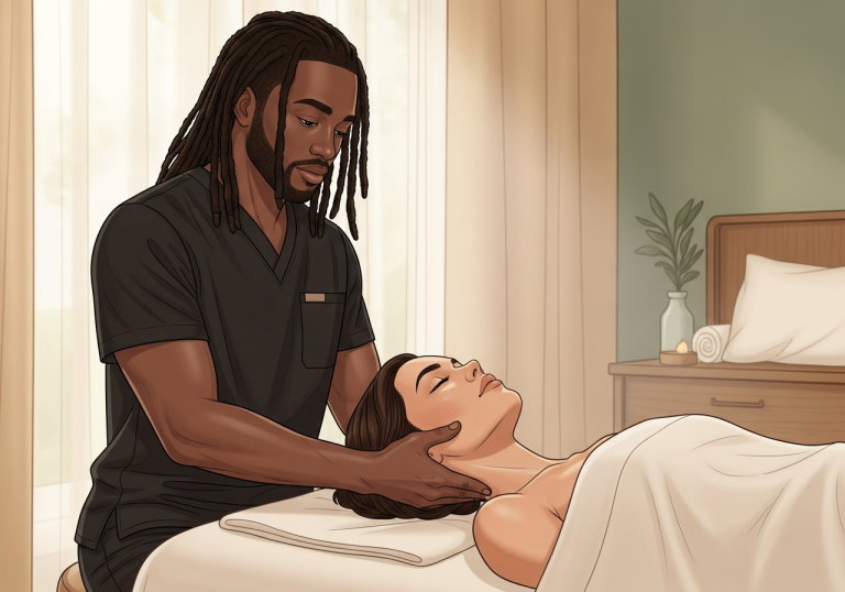 Massage therapist performing a gentle lymphatic drainage facial massage on a woman client in a serene, sunlit bedroom setting.