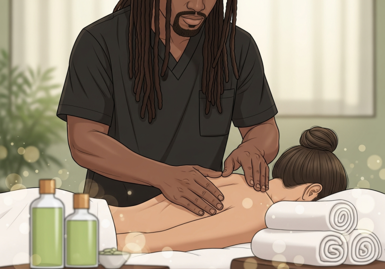 Close-up of a massage therapist's hands applying targeted trigger point therapy to a woman's shoulder for muscle knot relief.