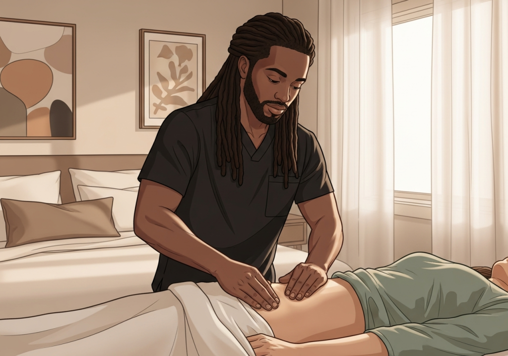 Professional therapist treating post-lipo fibrosis on woman client in comfortable home bedroom setting