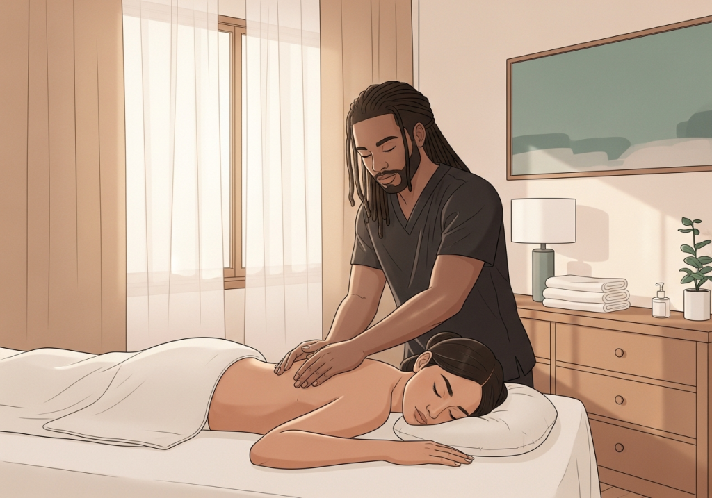 Professional massage therapist performing therapeutic Swedish massage effleurage stroke on woman client in peaceful home bedroom setting