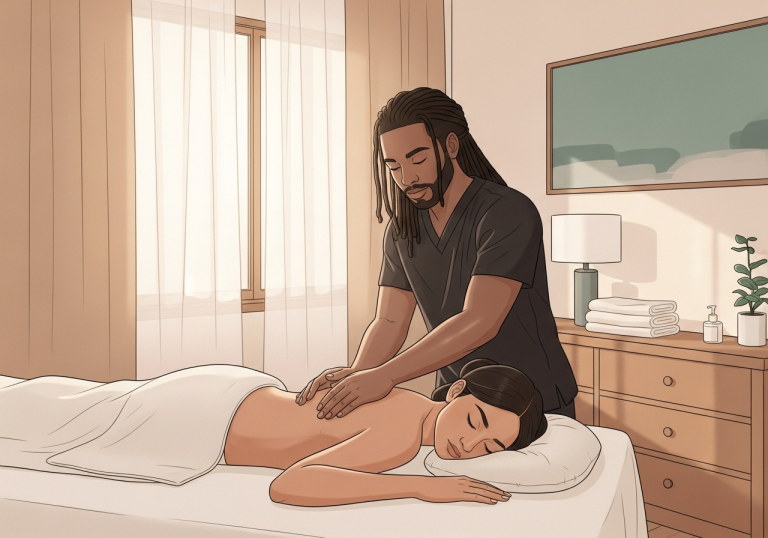 Professional massage therapist performing therapeutic Swedish massage effleurage stroke on woman client in peaceful home bedroom setting