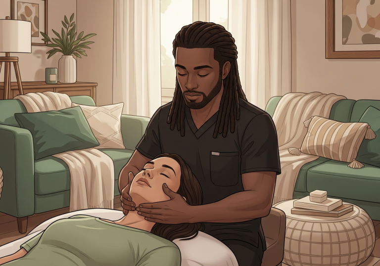 Professional massage therapist performing therapeutic neck and jaw massage on woman client in a cozy living room home spa setting