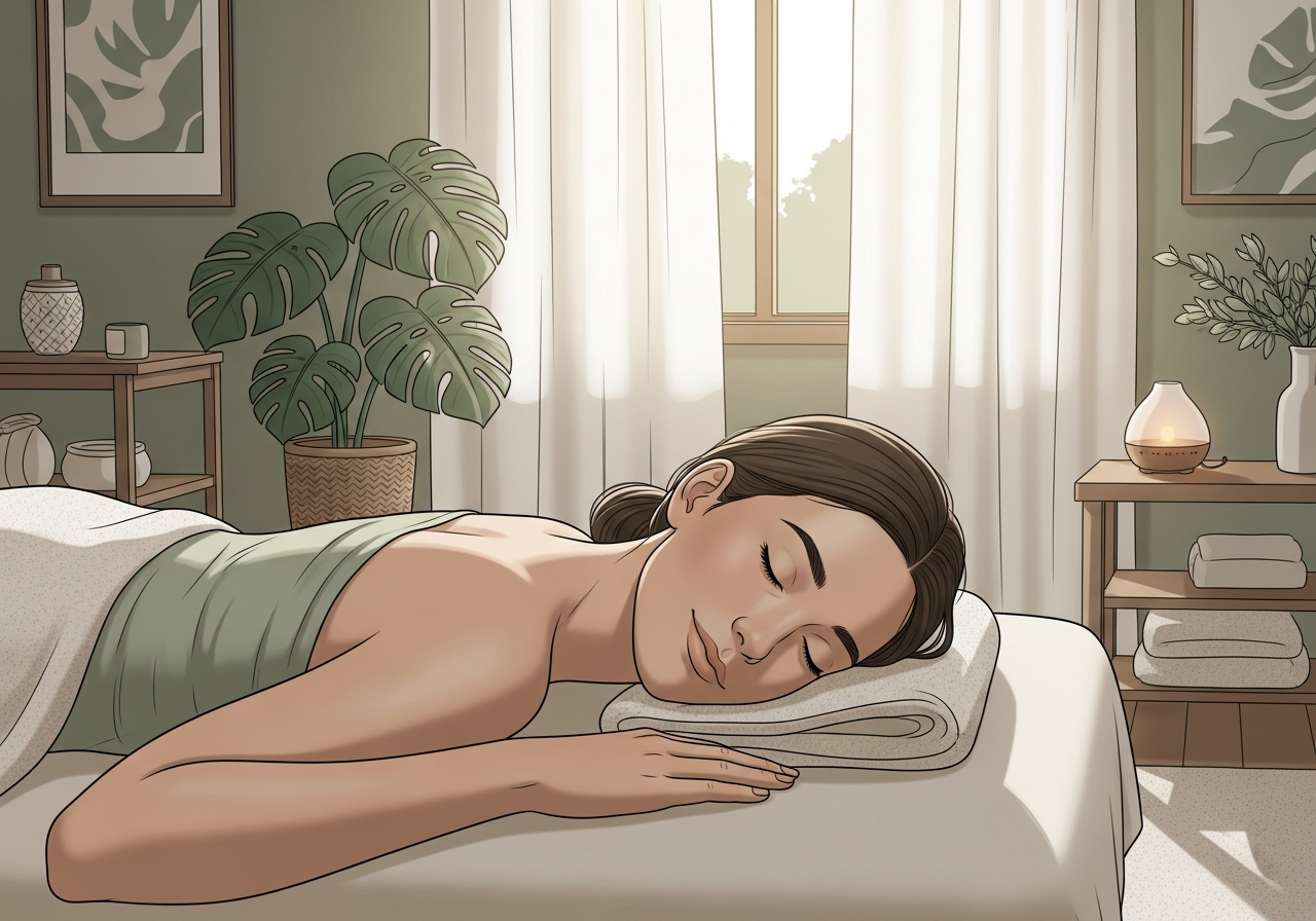 A close-up illustration of a woman relaxing during a professional in-home massage, set in a peaceful room with soft sage green walls, natural light, and calming botanical decor.