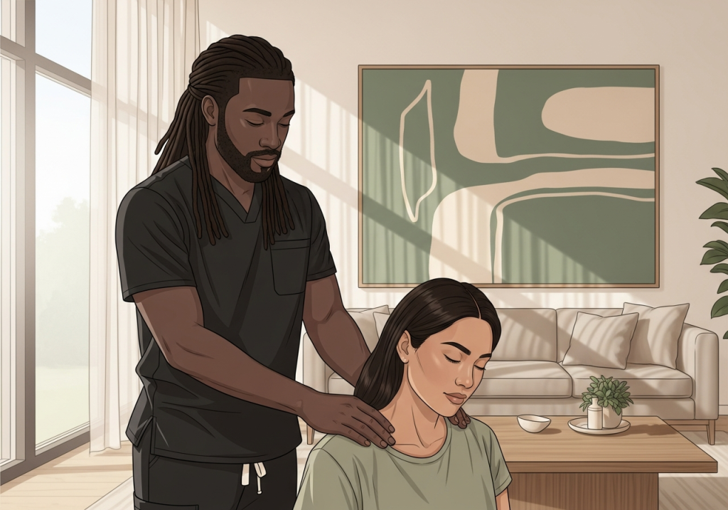 Professional male massage therapist providing a therapeutic shoulder massage for a woman in the comfort of her modern, light-filled living room.