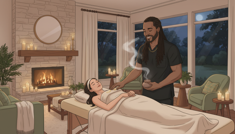 A woman enjoying a warm, restorative in-home massage during the winter season to relieve muscle stiffness.