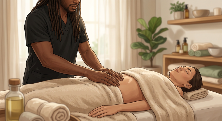 Close-up illustration of massage therapist hands gently applying soothing abdominal massage to a woman client resting face-up