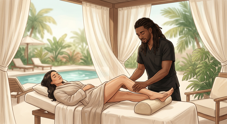 Professional massage therapist performing a soothing water retention massage on a woman client's legs in a peaceful Palm Beach setting.