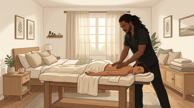 Black male massage therapist gently massaging shoulders of woman client lying face-down in a serene, sunlit bedroom setting.