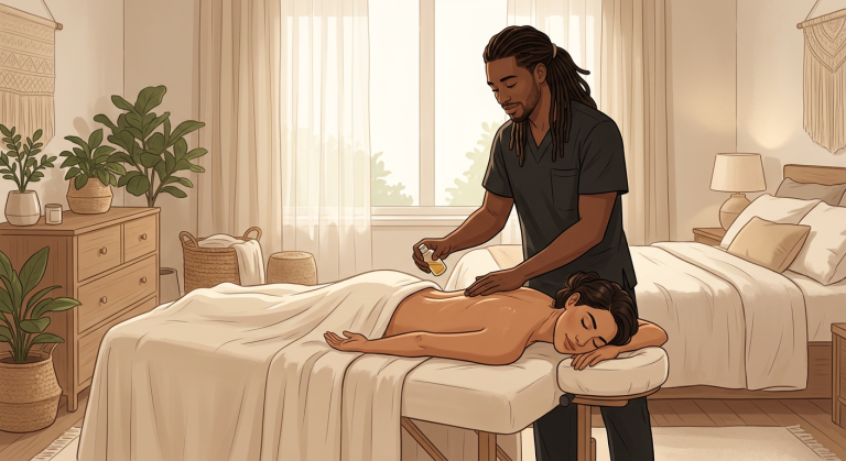 Professional Black male massage therapist treating upper back of face-down woman client in a serene bedroom home spa setting.