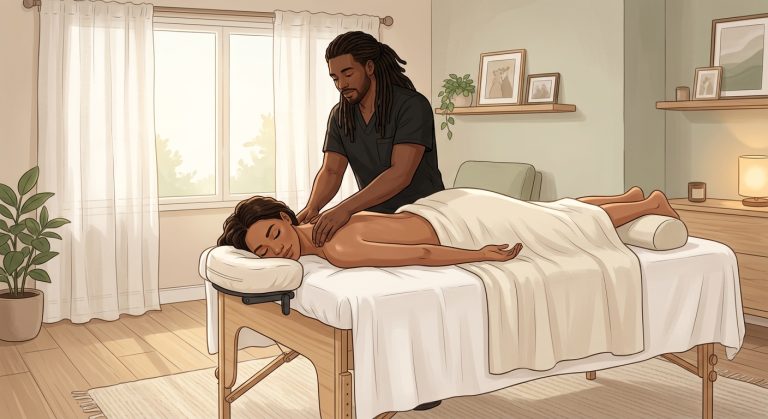 Illustrated Black male massage therapist giving a relaxing back massage to a face-down woman client in a peaceful home bedroom setting.