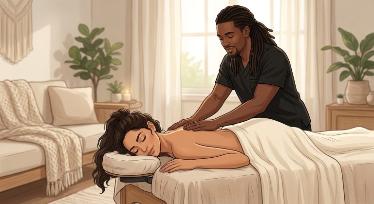 Illustration of a male massage therapist with locs massaging a woman's shoulders while she relaxes face-down in a cozy living room