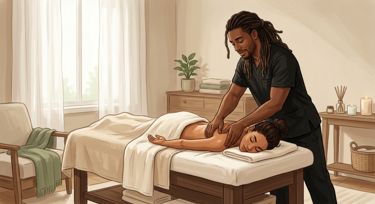 Professional massage therapist performing therapeutic deep tissue massage on face-down woman in a peaceful home bedroom setting.
