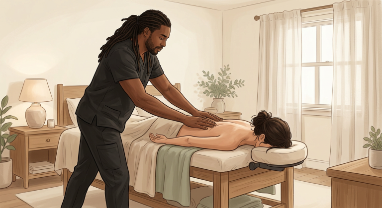 Massage therapist performing gentle myofascial release on face-down woman client in a peaceful natural home bedroom setting.