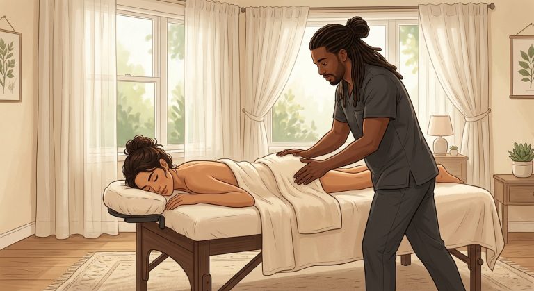 Illustrated massage therapist massaging lower back of face-down Hispanic woman client in serene bedroom for sciatica relief in Palm Beach