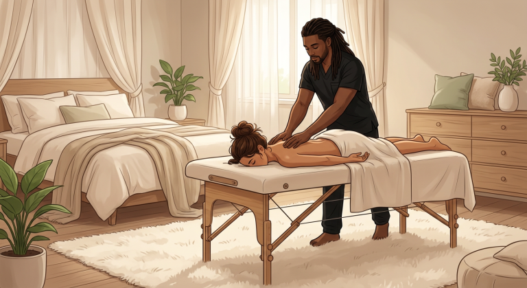 Professional massage therapist with long locs providing a relaxing in-home massage to a face-down woman in a serene, sunlit bedroom