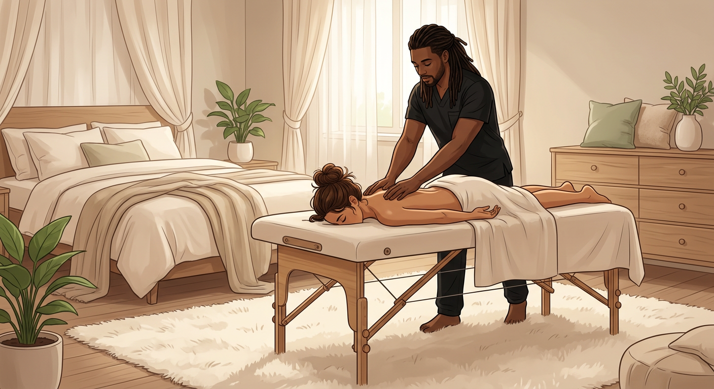 Professional massage therapist with long locs providing a relaxing in-home massage to a face-down woman in a serene, sunlit bedroom