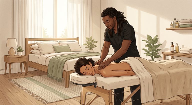 Illustrated Black male massage therapist in black scrubs performing relaxing Swedish massage on face-down woman client in a serene bedroom setting