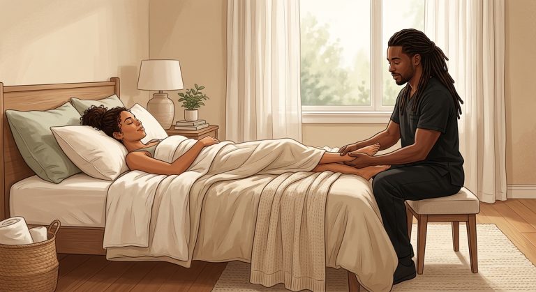 Professional massage therapist performing gentle post-op tissue stiffness relief massage on face-up woman client in a peaceful bedroom setting.