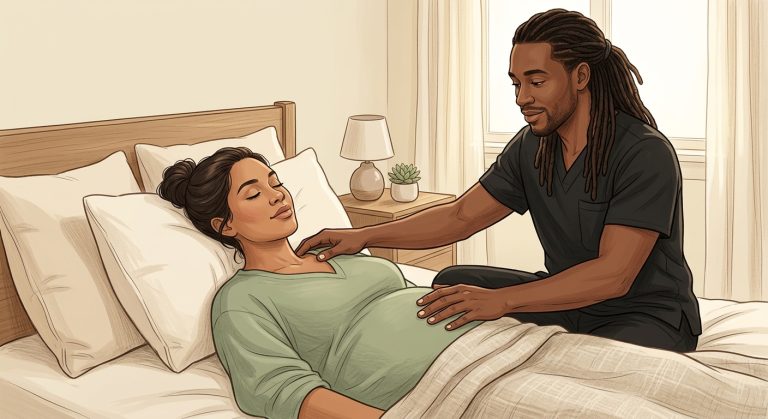 Professional therapist providing gentle prenatal massage to a face-up pregnant woman relaxing in a peaceful home bedroom setting.