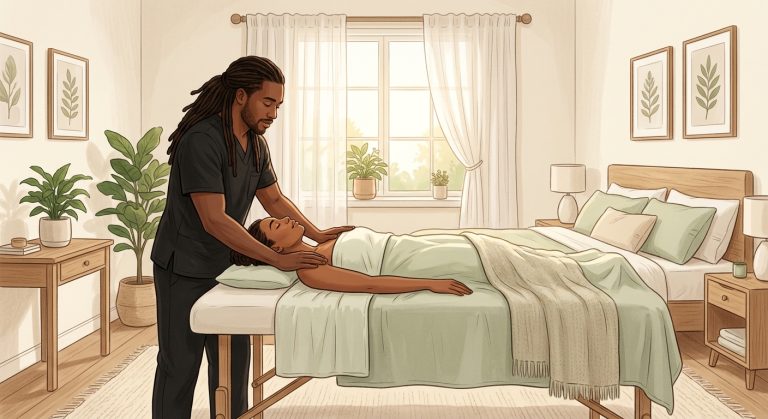 Professional massage therapist guiding a woman client through breathwork during an in-home somatic massage in Palm Beach.