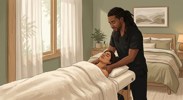 Illustrated massage therapist performing gentle neck and shoulder massage on a face-up woman client to relieve anxiety posture in a bedroom.