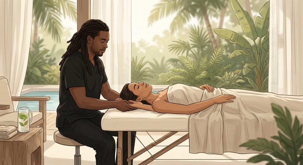 Professional massage therapist performing natural joint pain relief massage on the arms of a relaxed woman client on a serene patio