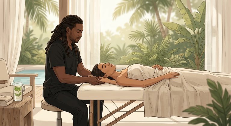Professional massage therapist performing natural joint pain relief massage on the arms of a relaxed woman client on a serene patio
