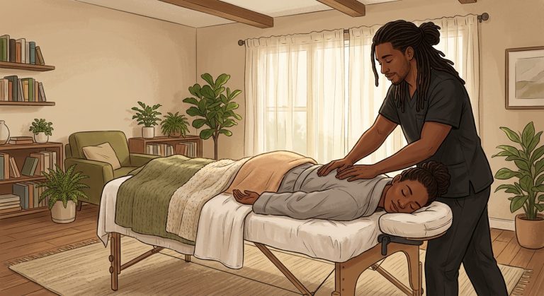 Professional massage therapist providing therapeutic back massage to face-down woman client in a peaceful home spa setting