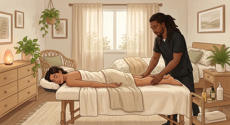 Black male massage therapist massaging calves of face-down woman client in a peaceful, softly lit bedroom illustration