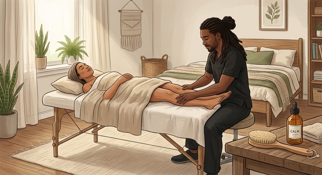 Illustrated Black male massage therapist massaging the legs of a face-up woman client resting in a serene bedroom with a dry brush nearby.