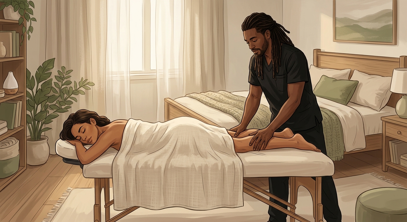 Professional massage therapist performing deep tissue therapy on a face-down woman client in a serene home bedroom.