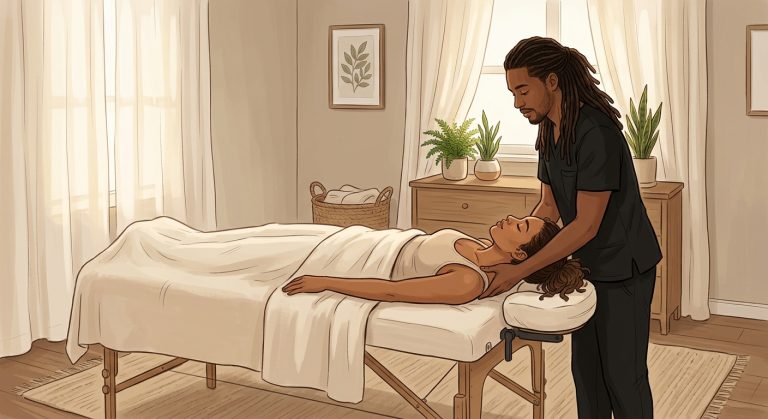 Professional massage therapist performing therapeutic neck and shoulder massage on a face-up woman client in a peaceful bedroom.