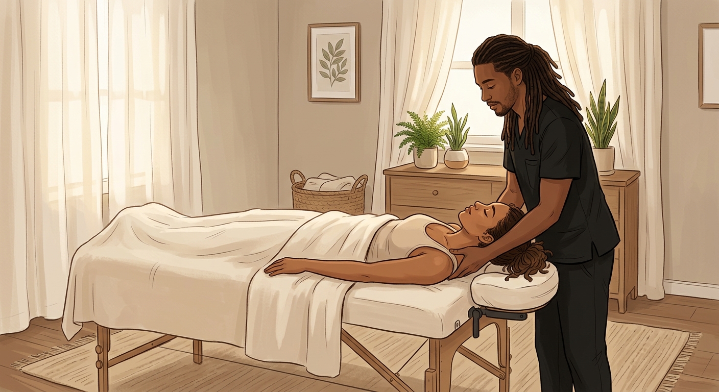 Professional massage therapist performing therapeutic neck and shoulder massage on a face-up woman client in a peaceful bedroom.
