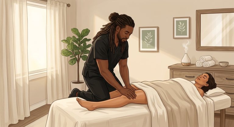 Professional Black male massage therapist performing gentle lymphatic drainage massage on a woman client in a serene, sunlit bedroom