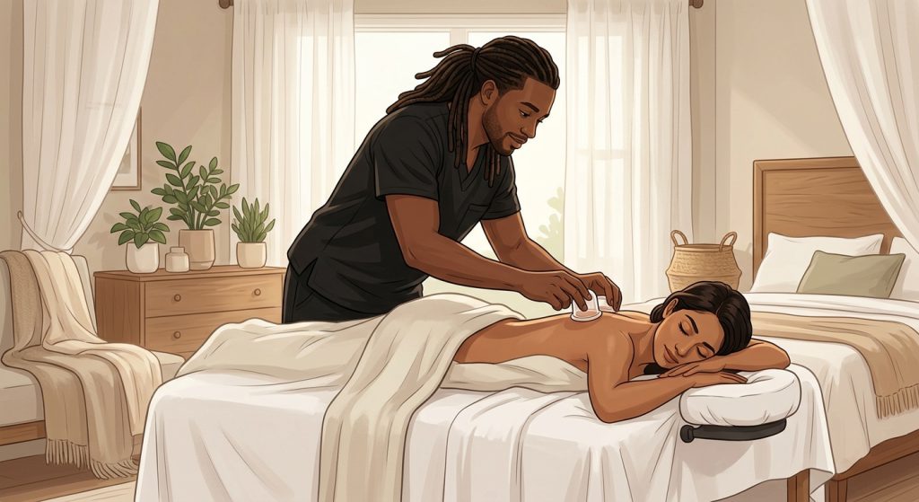Illustrated massage therapist applying mobile cupping therapy to the back of a relaxing face-down woman client in a serene bedroom