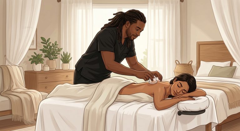 Illustrated massage therapist applying mobile cupping therapy to the back of a relaxing face-down woman client in a serene bedroom