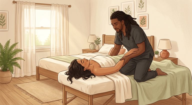 Black male massage therapist gently stretching the arm of a face-up woman client in a serene bedroom with soft natural lighting.