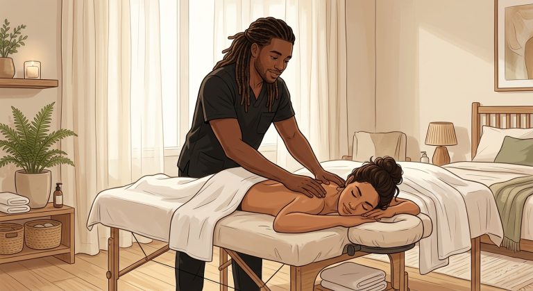 Professional Black male massage therapist performing relaxing shoulder massage on a face-down woman client in a serene bedroom